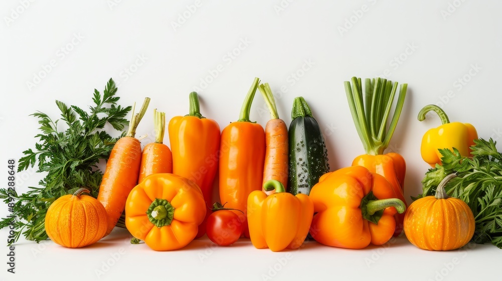 Group of vibrant orange vegetables, like carrots and bell peppers, artistically arranged to showcase their rich hues and health-promoting qualities, against a plain white backdrop Group of vibrant orange vegetables, like carrots and bell peppers, artistically arranged to showcase their rich hues and health-promoting qualities, against a plain white backdrop