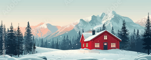 Cozy mountain cabin nestled among pine trees Vector flat minimalistic isolated illustration