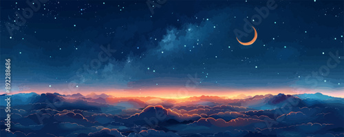 Crescent moon shining over a starry sky. Vector flat minimalistic isolated illustration.