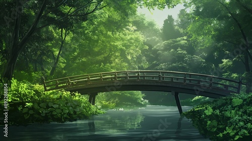 A bridge spans a river in a lush green forest. Anime background. Anime wallpaper