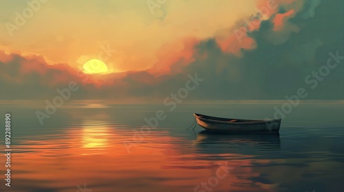 A boat is floating on a calm lake at sunset. Anime background. Anime wallpaper