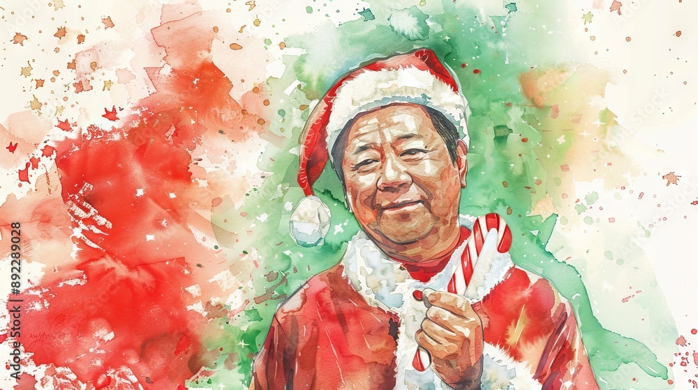 Fototapeta premium Asian elderly man dressed as Santa Claus holding a candy cane in a watercolor illustration. Concept of Christmas, holiday spirit, festive season, joyful celebration
