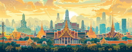 Temple of the Emerald Buddha in the heart of Bangkok. Vector flat minimalistic isolated illustration.