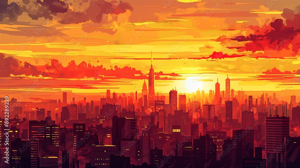 A city skyline with a large building in the middle. Anime background. Anime wallpaper A city skyline with a large building in the middle. Anime background. Anime wallpaper