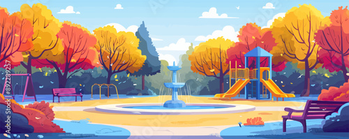 Vibrant city park with playground and fountain Vector flat minimalistic isolated illustration