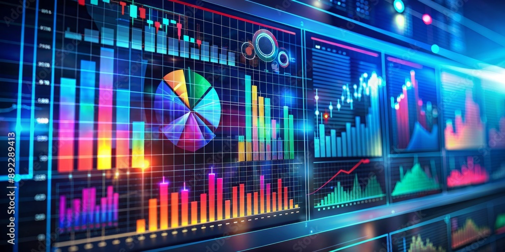 Vibrant financial data visualizations on a sleek digital screen display charts, graphs, and metrics, illuminating business intelligence and strategy through intricate digital design. Vibrant financial data visualizations on a sleek digital screen display charts, graphs, and metrics, illuminating business intelligence and strategy through intricate digital design.
