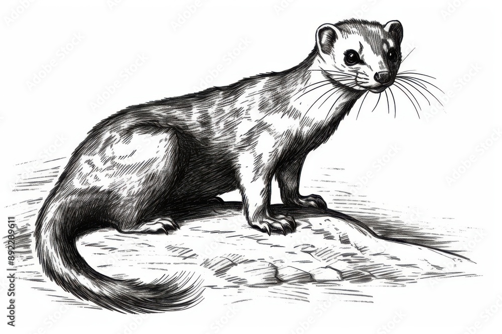 Obraz premium Black and white Vintage engraved art of a weasel isolated on white background, ink sketch illustration, simple vector art design, highly detailed line art, high contrasty