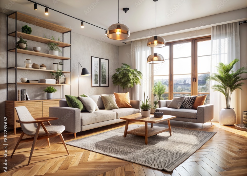Fototapeta premium Modern interior japandi style design livingroom. Lighting and sunny scandinavian apartment with plaster and wood. 3d render illustration.