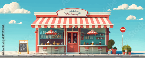 Vintage ice cream parlor with striped awnings Vector flat minimalistic isolated illustration