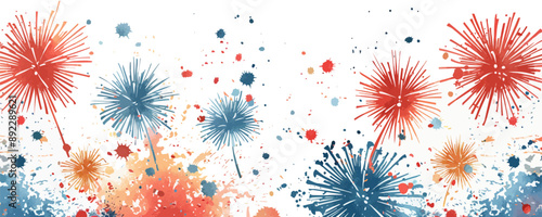 A festive New Year's Eve party with fireworks exploding in the night sky on a white background. Vector flat minimalistic isolated