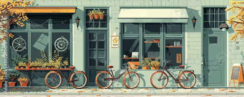 A row of bicycles parked neatly outside a quaint cafÃ©. Vector flat minimalistic isolated illustration.