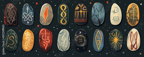 Mystical rune stones inscribed with ancient symbols of power and divination. Vector flat minimalistic isolated illustration.