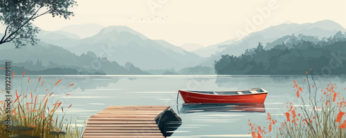 A serene lakeside scene with a wooden dock and a rowboat floating in the water. Vector flat minimalistic isolated illustration.