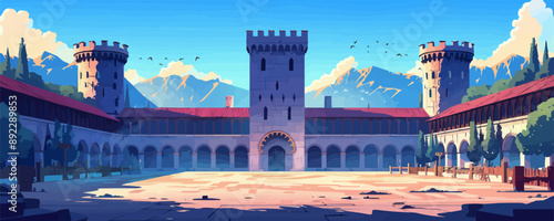 Medieval castle courtyard with a jousting arena Vector flat minimalistic isolated illustration