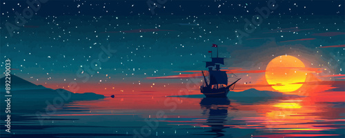 A whimsical pirate ship sailing on a calm sea under a starry night sky. Vector flat minimalistic isolated illustration.