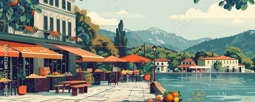 A tranquil riverside market with stalls selling fresh produce and handmade goods. Vector flat minimalistic isolated illustration.