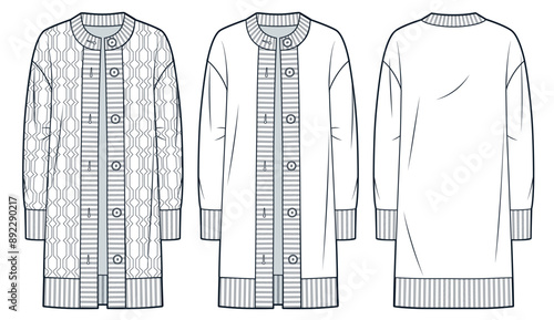 Knit Cardigan technical fashion illustration, cable pattern. Buttoned Cardigan fashion technical drawing template, round neck, relaxed fit, front, back view, white, women, men, unisex CAD mockup set.
