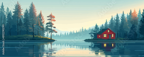 Peaceful lakeside cabin surrounded by trees Vector flat minimalistic isolated illustration