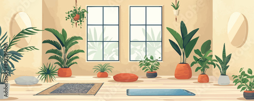 Peaceful yoga studio with mats and plants. Vector flat minimalistic isolated illustration.