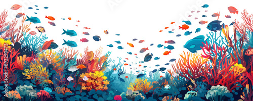 A vibrant coral reef teeming with colorful fish on a white background. Vector flat minimalistic isolated illustration.