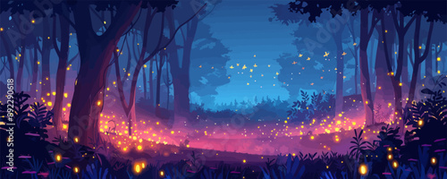 Enchanted forest glade with glowing fireflies Vector flat minimalistic isolated illustration