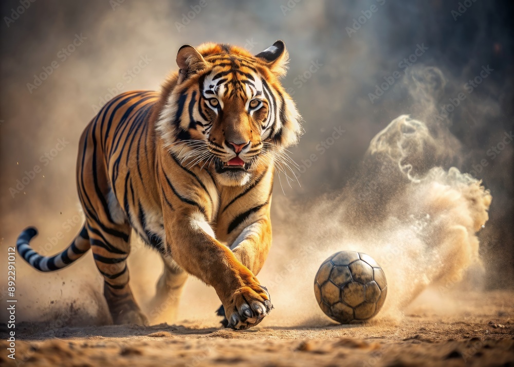 Fierce tiger chases after rolling soccer ball in dusty terrain, intense focus and powerful strides conveying dynamic energy and predatory instinct in wild pursuit. Fierce tiger chases after rolling soccer ball in dusty terrain, intense focus and powerful strides conveying dynamic energy and predatory instinct in wild pursuit.