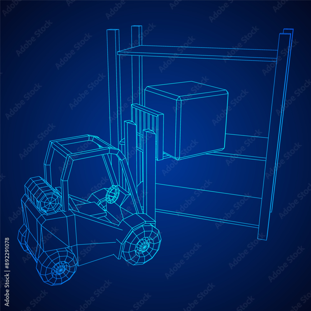 Fototapeta premium Forklift Loader lift truck in warehouse near rack. Wireframe low poly mesh vector illustration.