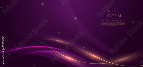 Luxury dark purple background with gold line curved and lighting effect sparkle.