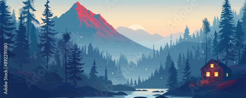 A serene mountaintop retreat with cozy log cabins nestled among towering pine trees. Vector flat minimalistic isolated illustration.