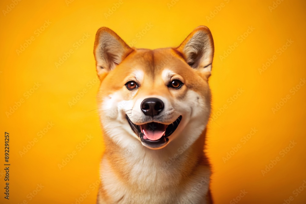 Vibrant orange-yellow background highlights the adorable red-haired Shiba Inu dog's bright smile, showcasing its fox-like features and endearing personality with plenty of copy space. Vibrant orange-yellow background highlights the adorable red-haired Shiba Inu dog's bright smile, showcasing its fox-like features and endearing personality with plenty of copy space.