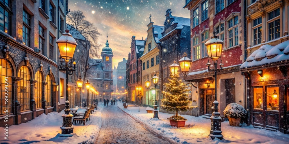 Fototapeta premium Snowflakes gently fall on a charming winter city street lined with festive lanterns and ornate buildings, awaiting the arrival of a curious solo adventurer.