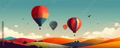 A cluster of hot air balloons drifting gracefully over a patchwork of colorful fields. Vector flat minimalistic isolated illustration.