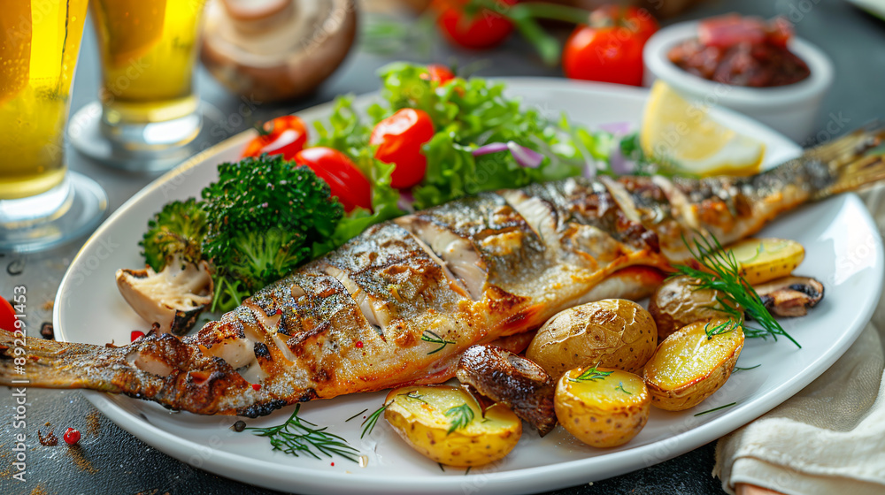 Grilled fish with spices, salad and vegetables on a plate. Grilled fish with spices, salad and vegetables on a plate.