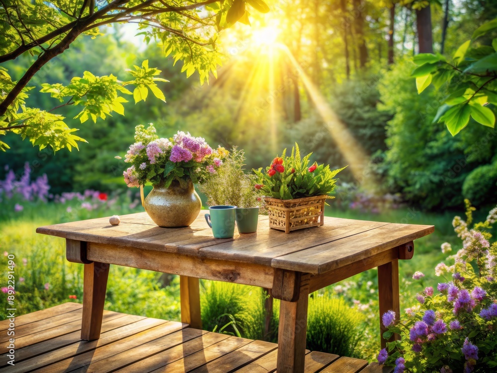 Fototapeta premium Capturing nature palette. Inviting wooden table bathed in radiant light of spring and summer. Greenery of the garden surrounds empty table creating perfect blend of natural harmony