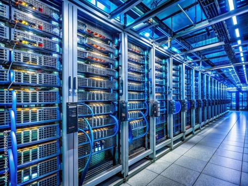 A tidy server room with rows of humming servers, cables, and data storage systems, showcasing impeccable organization and expert maintenance of network computing infrastructure.