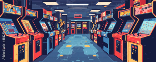 Retro arcade with classic video game cabinets Vector flat minimalistic isolated illustration