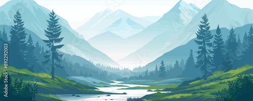 A serene mountain stream winding through a verdant valley. Vector flat minimalistic isolated illustration.