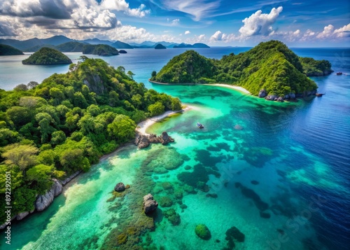 Vibrant turquoise waters surround a picturesque chain of tropical islands, featuring lush green forests, white sandy beaches and coral reefs, beckoning exploration and tranquility.