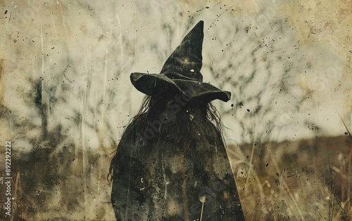 Vintage Sepia-Toned Portrait of an Elderly Witch in a Tall Pointed Hat, Distressed Texture, Eerie Historical Atmosphere, Rustic Wooden Background photo