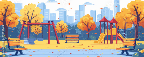 Modern city park with playground equipment and benches Vector flat minimalistic isolated illustration