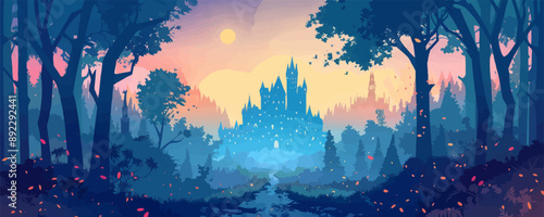 A mystical castle surrounded by a forest with mythical creatures roaming the grounds. Vector flat minimalistic isolated illustration.