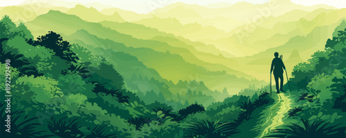 A hiker exploring a winding trail through a lush green forest, symbolizing the connection to nature, the thrill of outdoor Vector flat minimalistic isolated illustration.