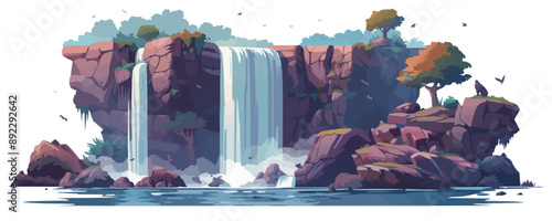 Majestic waterfall cascading down rocky cliffs Vector flat minimalistic isolated illustration