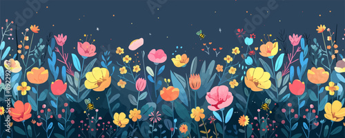 A whimsical enchanted garden with blooming flowers and buzzing bees. Vector flat minimalistic isolated illustration.