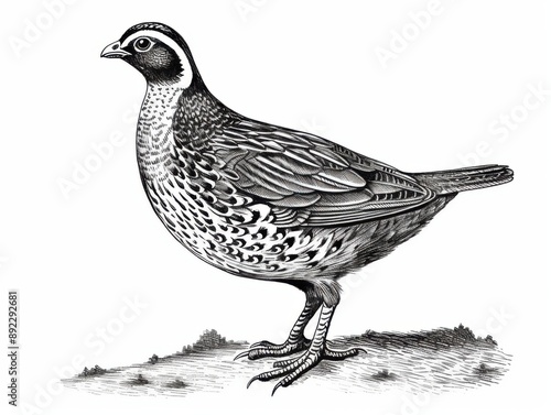 Black and white Vintage engraved art of a quail isolated on white background, ink sketch illustration, simple vector art design, highly detailed line art, high contrasty