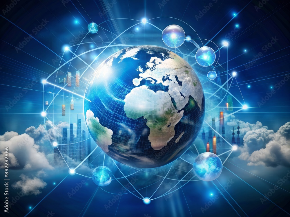Global business strategy concept featuring a 3D earth globe surrounded by floating analytics cloud icons and rising data graphs, symbolizing effective technology development. Global business strategy concept featuring a 3D earth globe surrounded by floating analytics cloud icons and rising data graphs, symbolizing effective technology development.