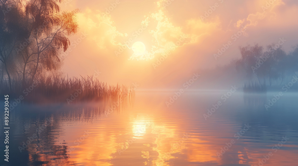 A misty morning over a tranquil lake with a reflection of the rising sun. A misty morning over a tranquil lake with a reflection of the rising sun.