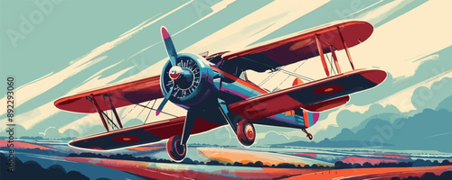 Vintage biplane flying over patchwork fields Vector flat minimalistic isolated illustration