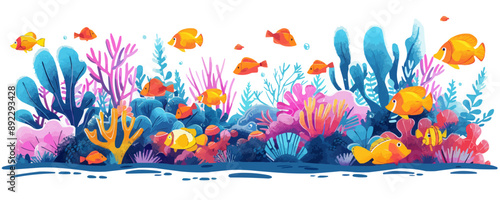 A vibrant coral reef teeming with colorful fish on a white background. Vector flat minimalistic isolated illustration.
