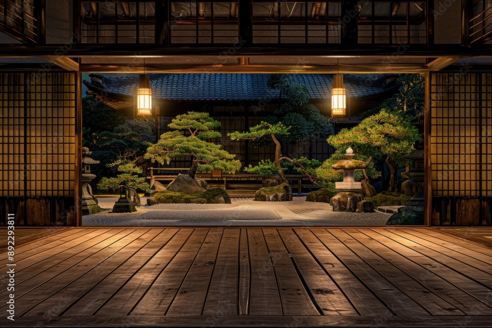 An ancient Japanese temple garden, with raked sand, bonsai trees, and traditional lanterns softly glowing An ancient Japanese temple garden, with raked sand, bonsai trees, and traditional lanterns softly glowing